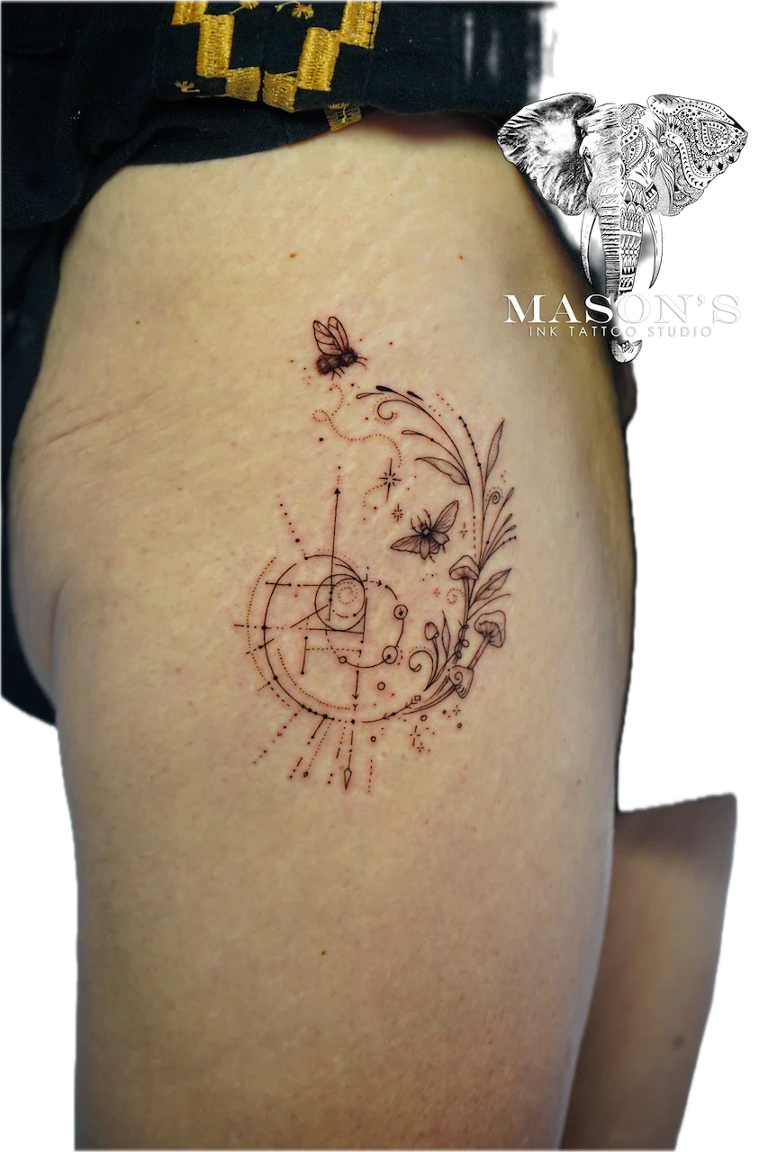 Geometric Floral Leaf Tattoo Design - Floral tattoo by Mason's Ink Tattoo Studio, Bali