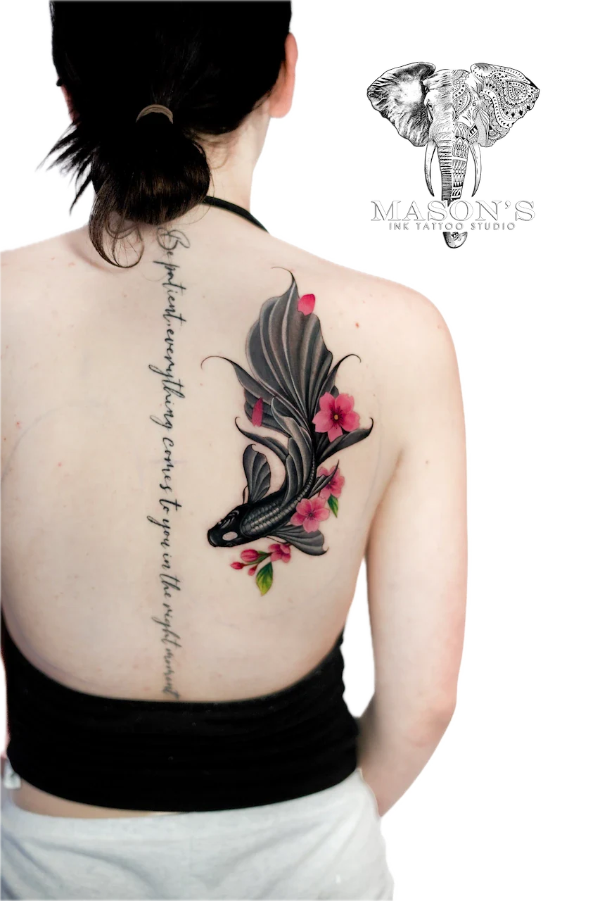 Japanese Koi and Flower Tattoo Design - Floral tattoo by Mason's Ink Tattoo Studio, Bali