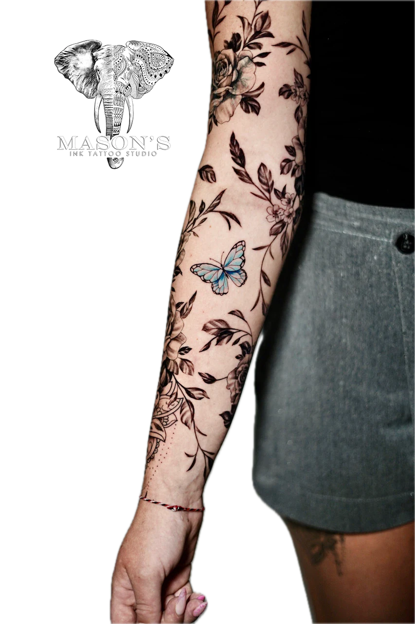 Realism Floral Full Sleeve Tattoo Design 2 - Floral tattoo by Mason's Ink Tattoo Studio, Bali