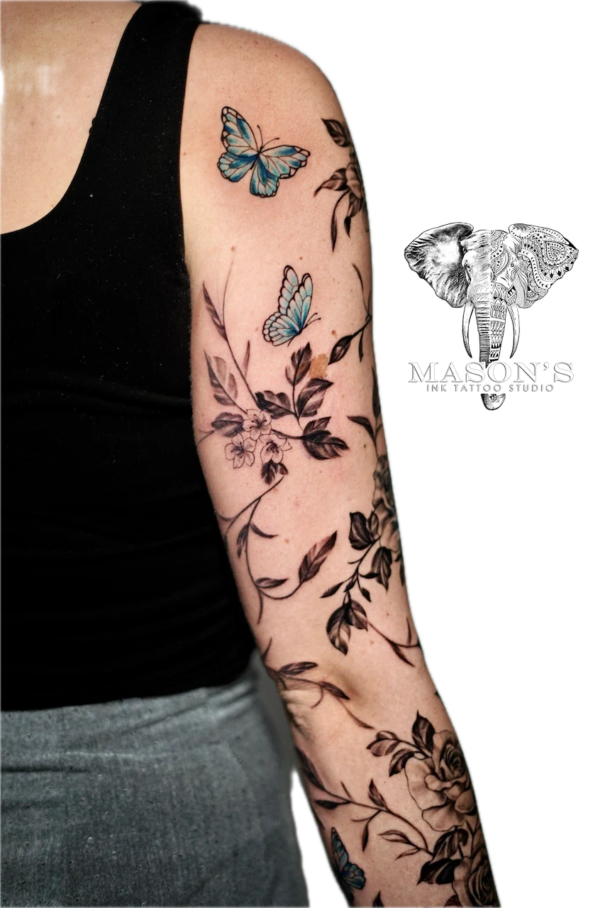 Realism Floral Full Sleeve Tattoo Design - Floral tattoo by Mason's Ink Tattoo Studio, Bali
