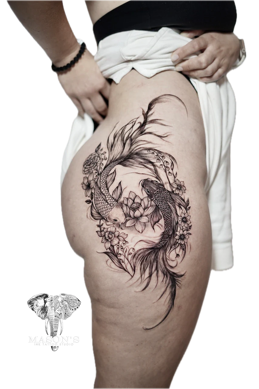 Realism Koi Fish and Flower Tattoo Design - Floral tattoo by Mason's Ink Tattoo Studio, Bali