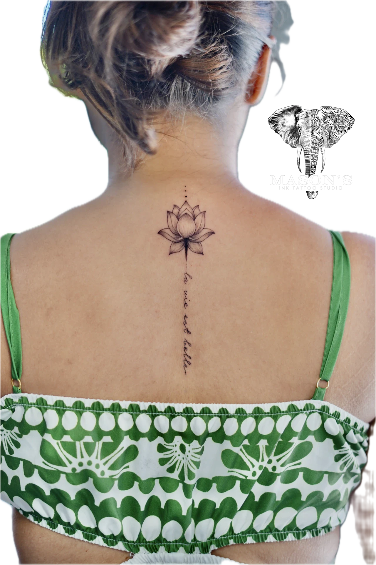 Lotus Flower & Script la wie est belle tattoo by Mason's Ink Tattoo Studio, Bali