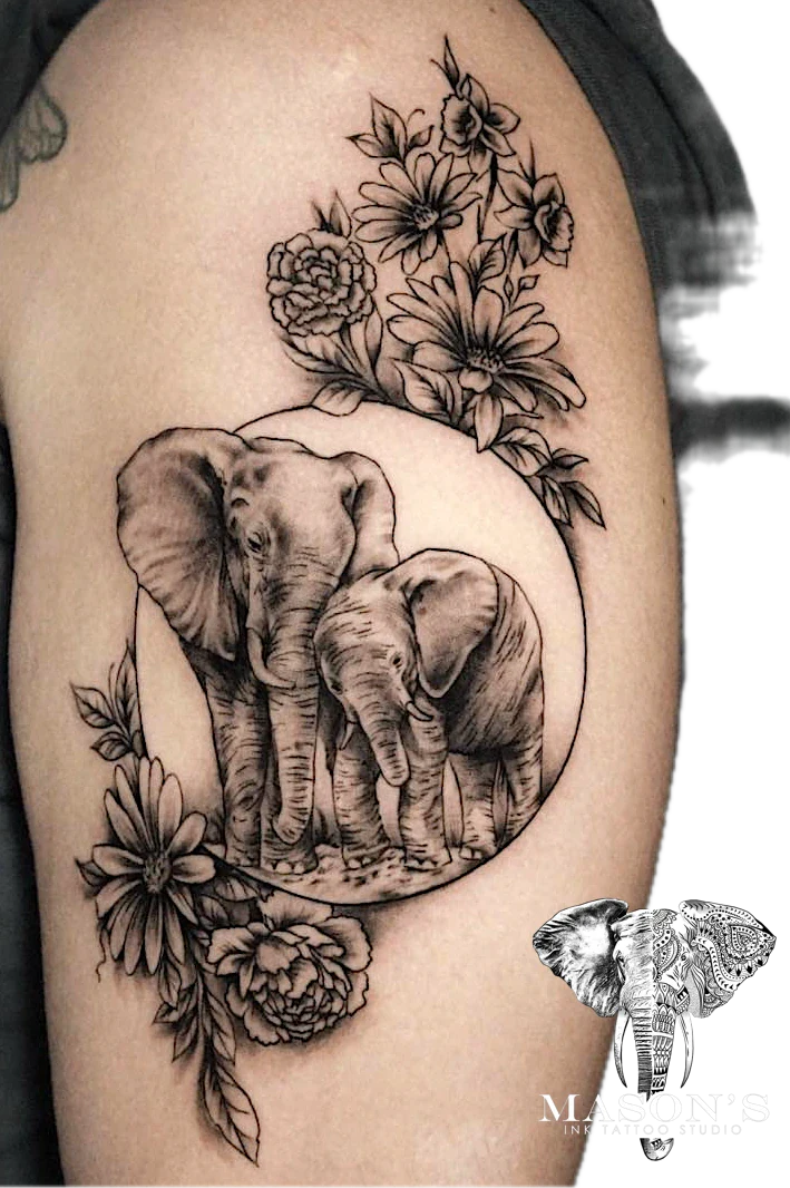 Realism and Floral Elephant Flower tattoo by Mason's Ink Tattoo Studio, Bali