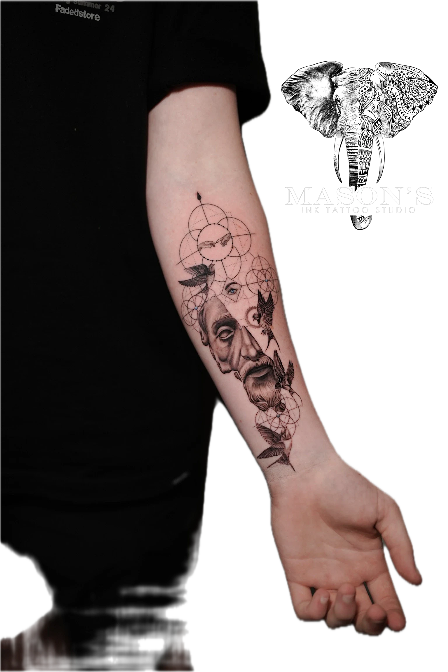 Geometric Conceptual Tattoo Style Face Design: a detailed portrait with birds and mandala patterns on the forearm
