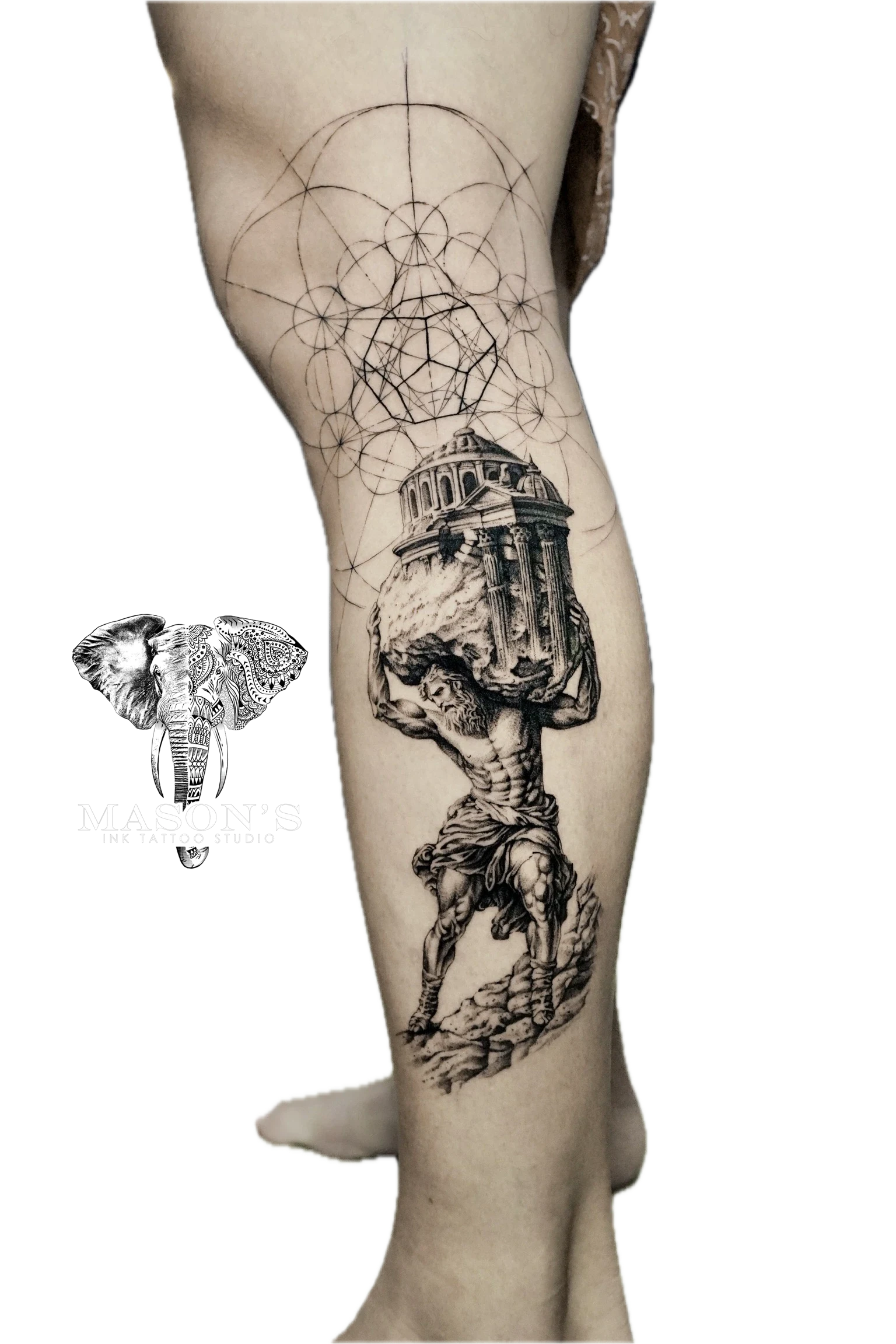 Geometric Tattoo Style Design: a man carrying a building on his shoulders with geometric patterns