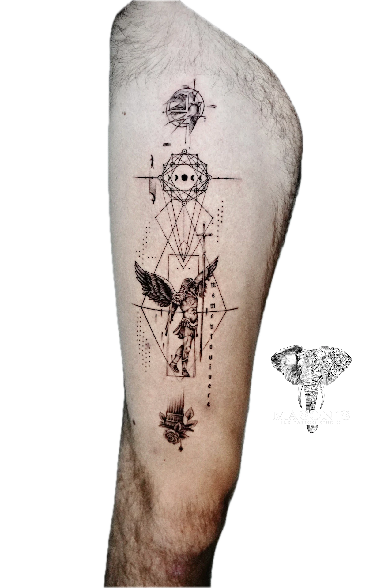 Geometric Conceptual Tattoo Style Archangel Michael Design: a large geometric pattern with an angel and moon on a calf