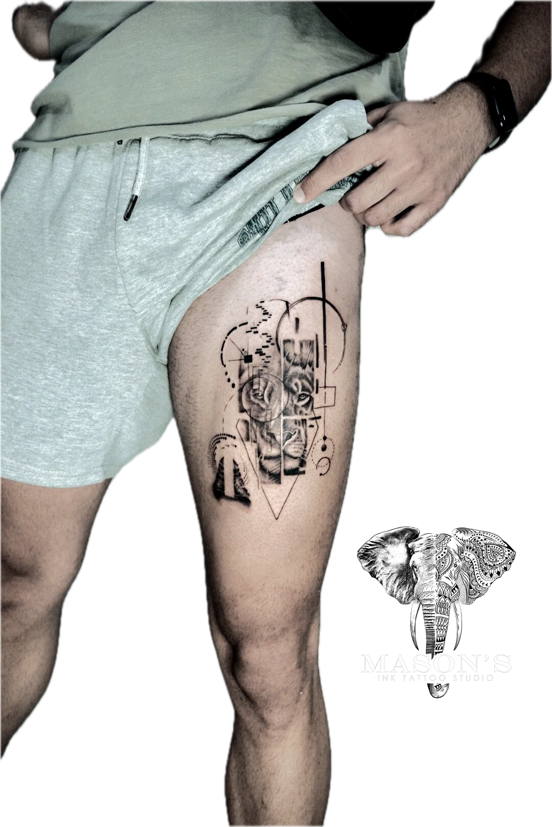 Geometric Conceptual Tattoo Style Lion Design: a large geometric portrait on a thigh