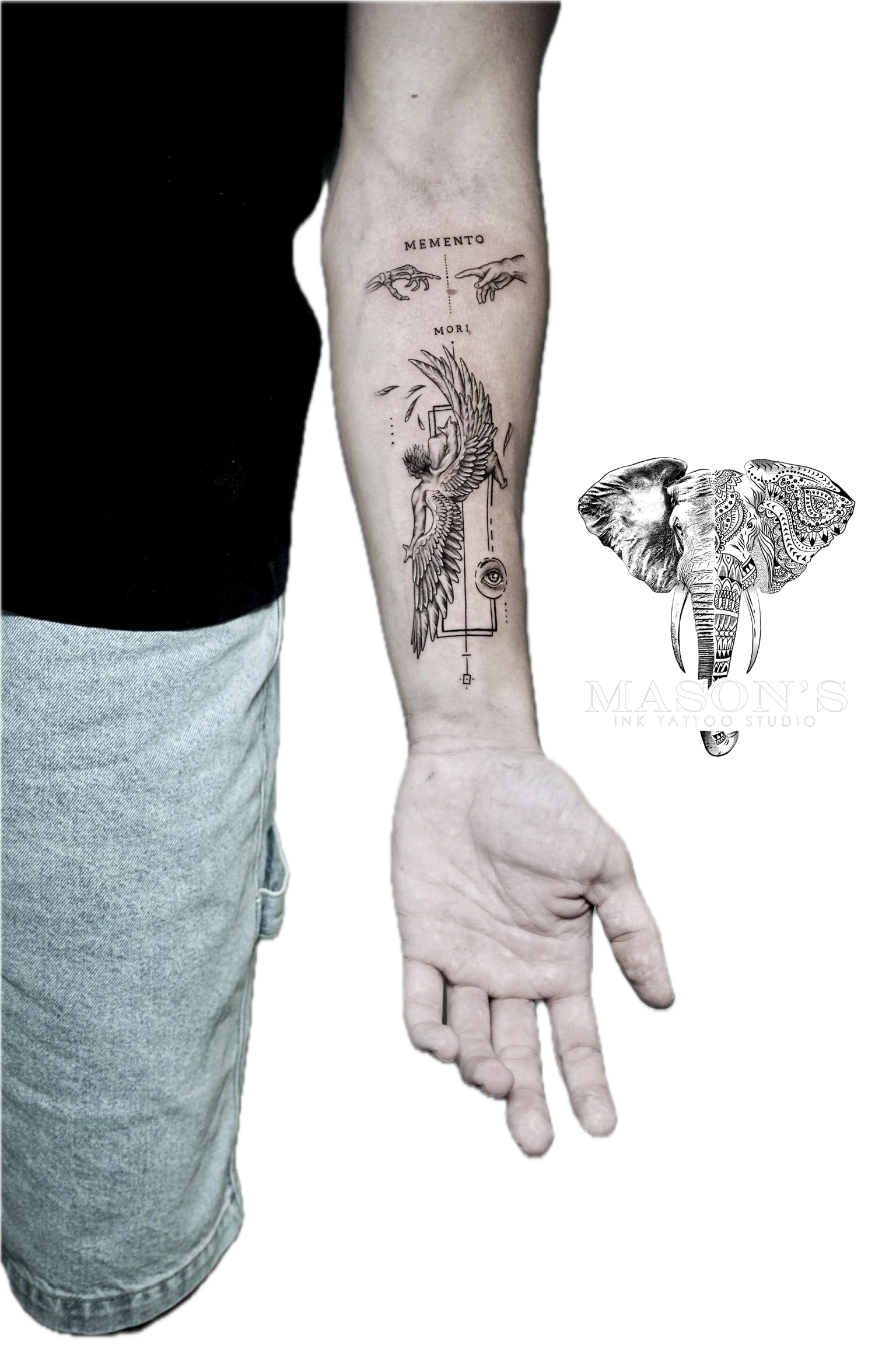 Geometric Conceptual Tattoo Style : Icarus: Minimalist feather and compass tattoo with lettering on the forearm
