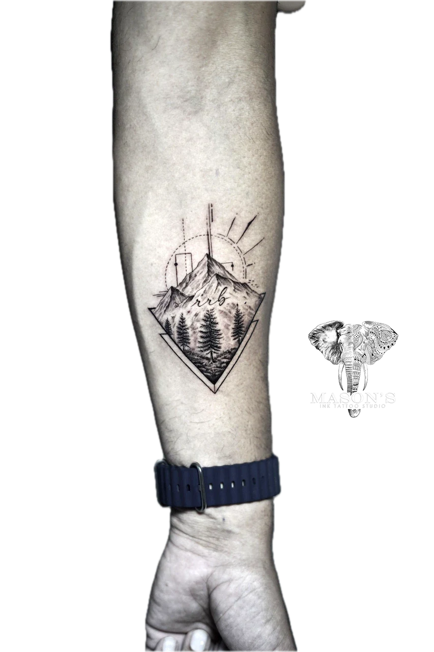 Geometric Realism Forest Tattoo Design by Mason's Ink Tattoo Studio, Bali