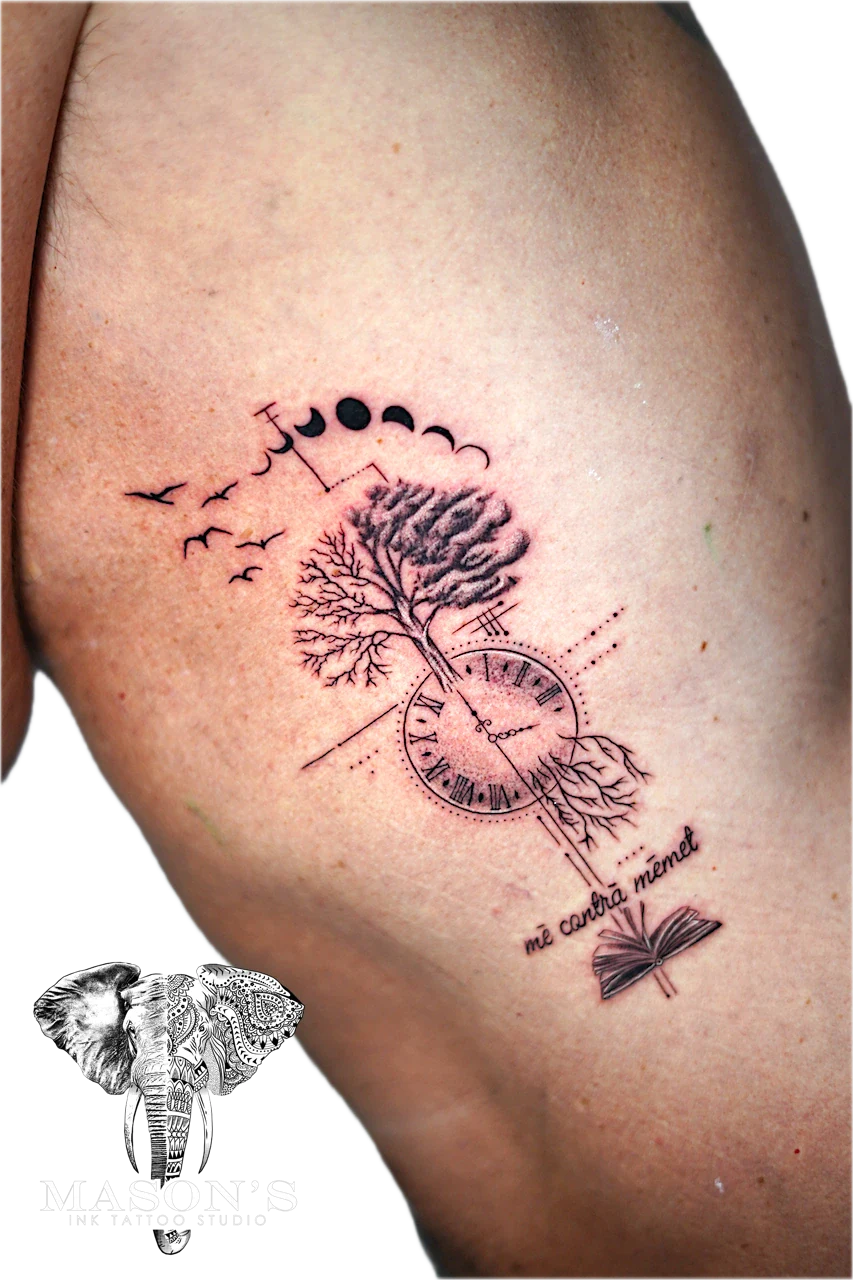 Geometric Tattoo Design: a tree growing from a clock with moon phases and birds