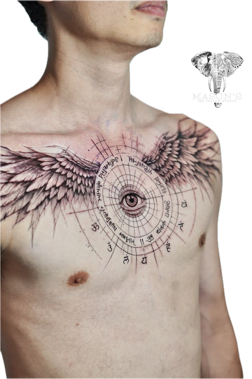Geometry Om Script Eye and Wings Tattoo Design: a large chest tattoo of an eye with wings and geometric patterns