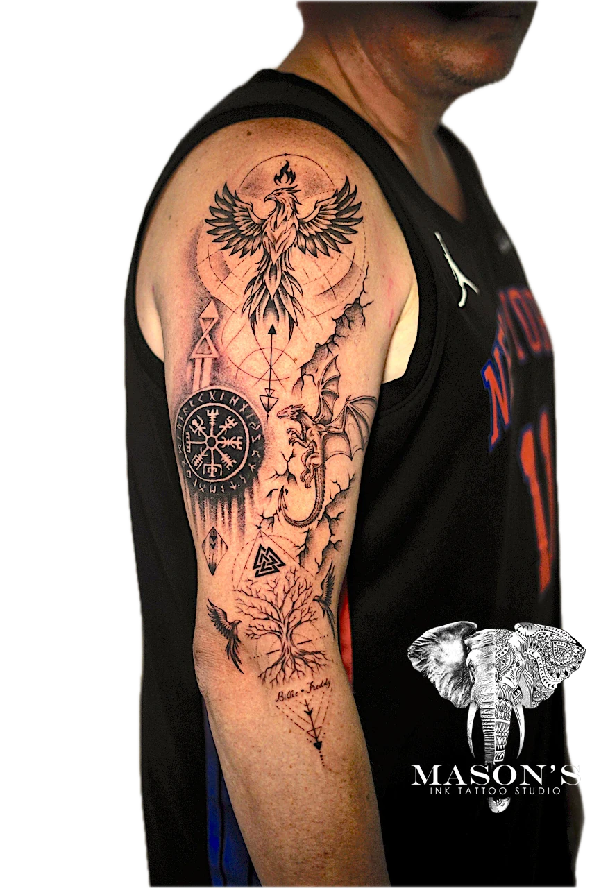 Geometry Tattoo Style Dragon by Mason's Ink Tattoo Studio, Bali