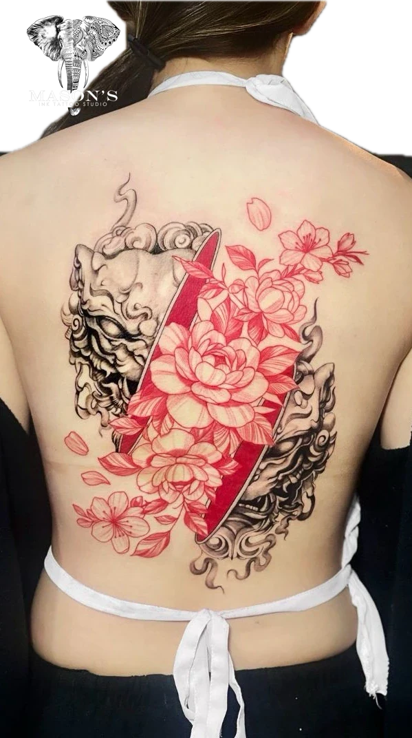 Color and Japanese Flower tattoo by Mason's Ink Tattoo Studio, Bali