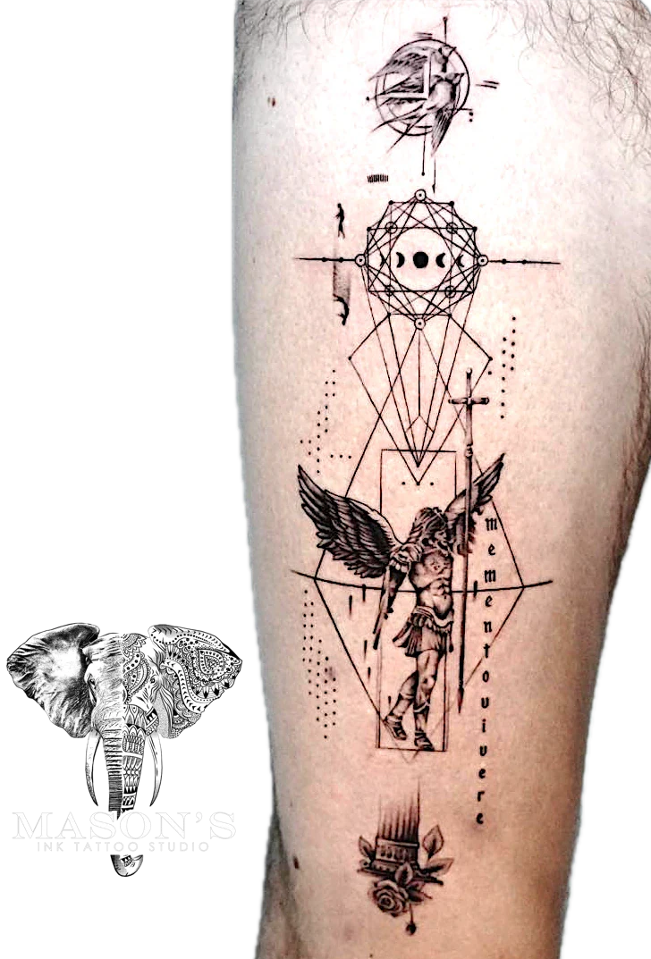 Geometric Angel, Bird and Flower tattoo by Mason's Ink Tattoo Studio, Bali