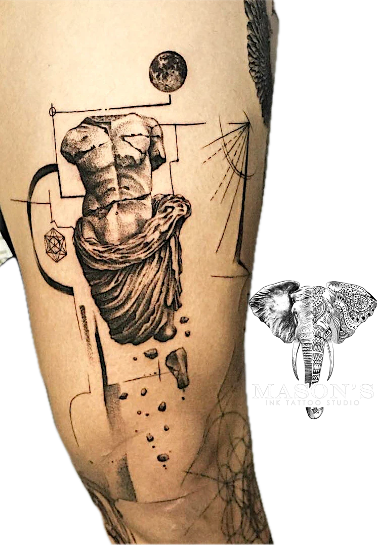 Geometric Statue Body tattoo by Mason's Ink Tattoo Studio, Bali