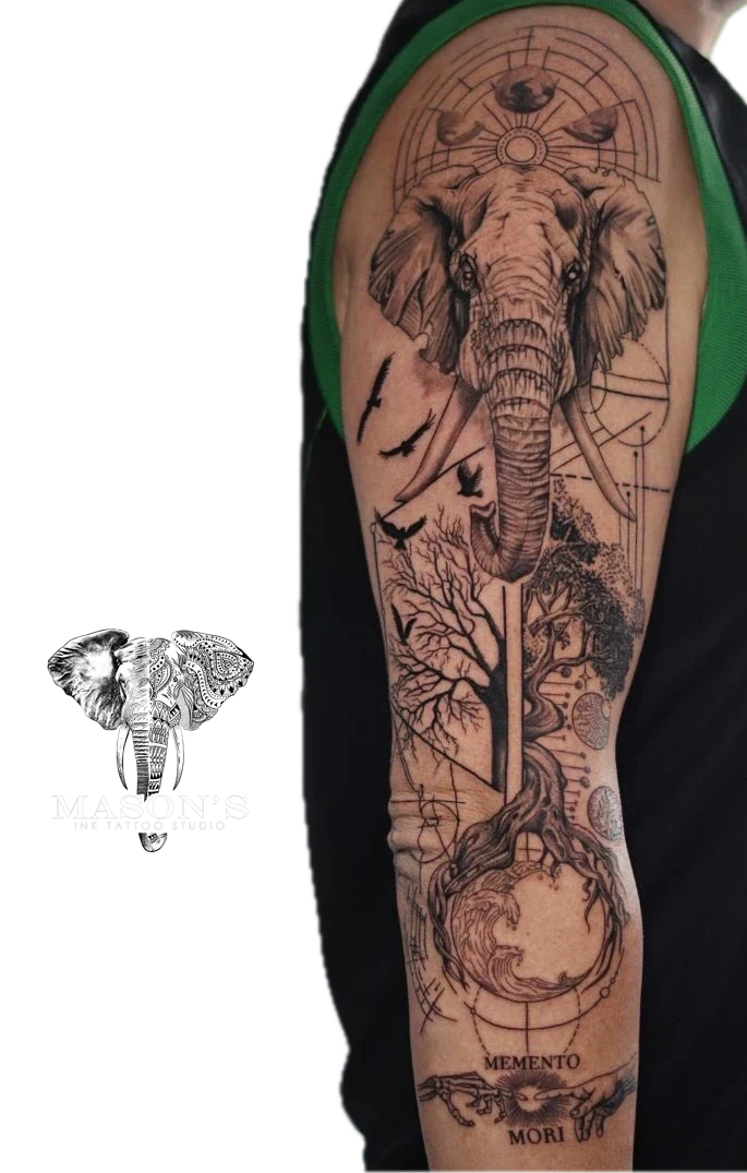 Large Geometric with Elephant and tree - Momento Mori tattoo by Mason's Ink Tattoo Studio, Bali