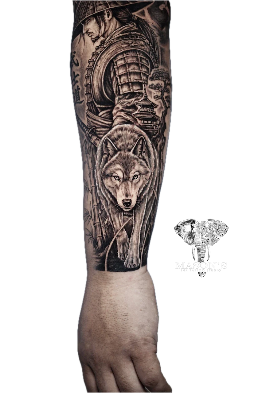 Japanese Realism Tattoo Design: a detailed wolf and skull tattoo on a full sleeve