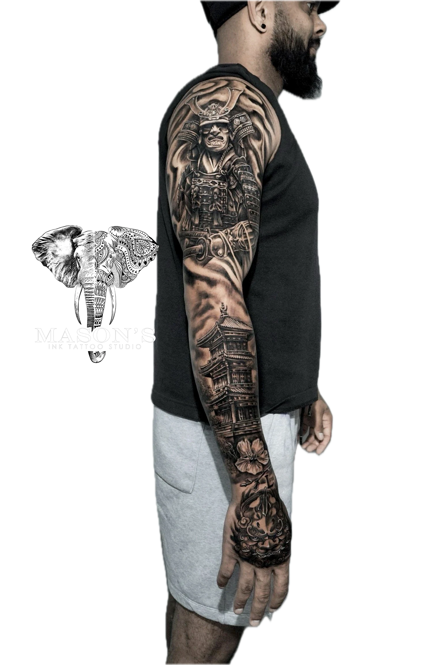 Japanese Tattoo Style Samurai and Temple: a full sleeve tattoo of a warrior, buildings, and floral designs