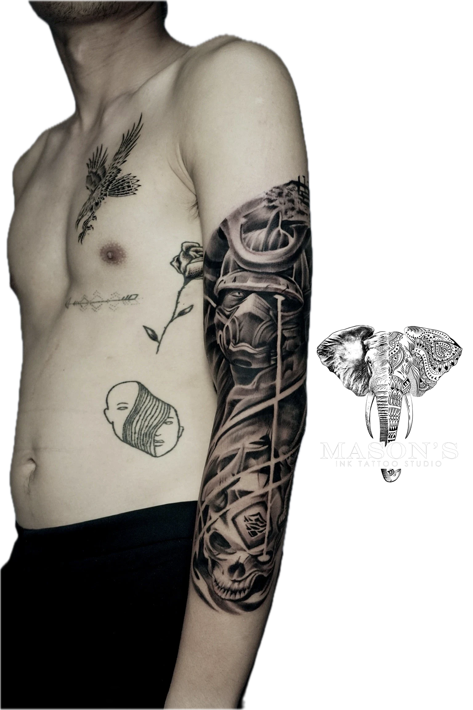 Japanese Tattoo Style: Oni: a dark and intricate chest tattoo with a skull and various symbols
