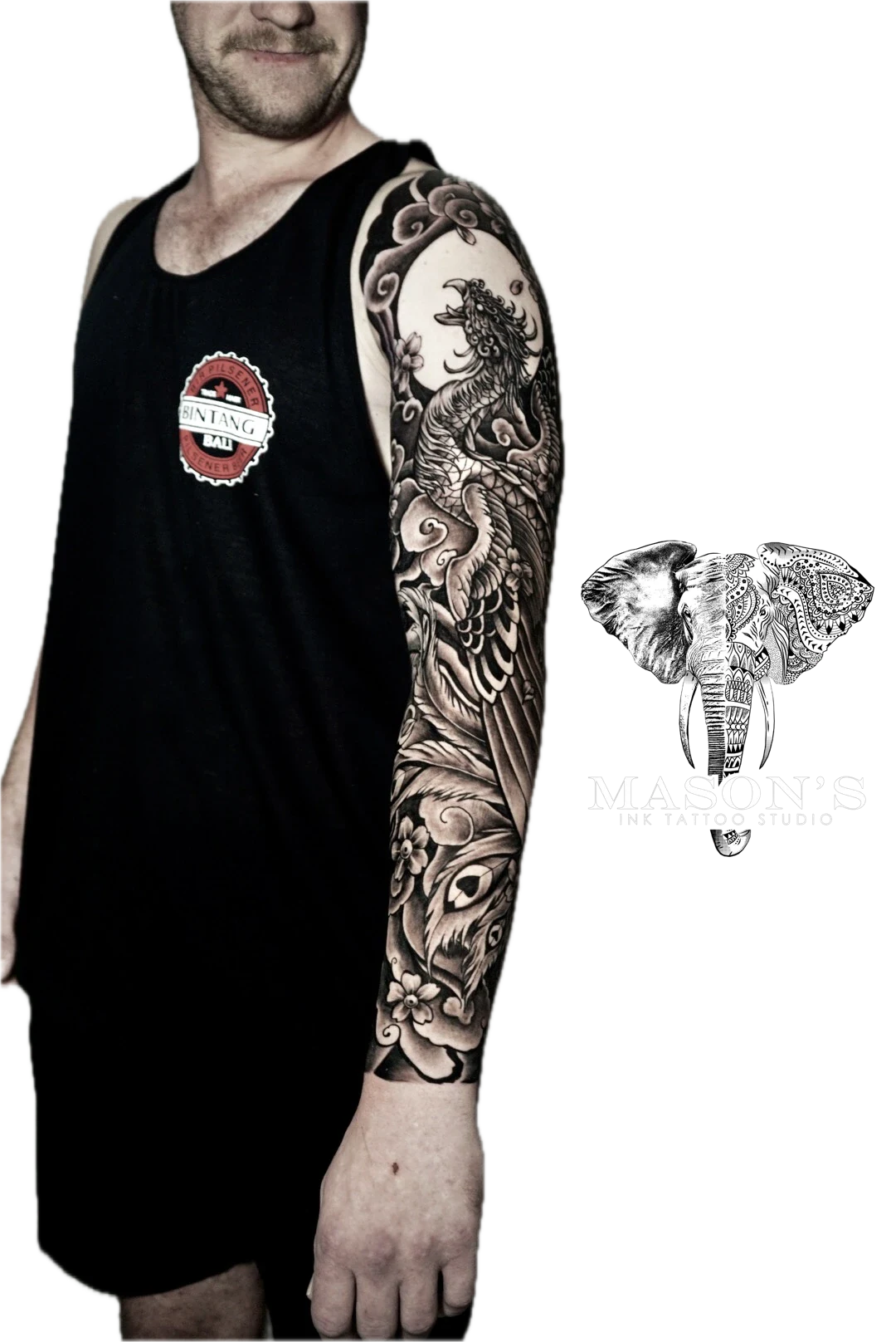 Japanese Tattoo Style Design: a full sleeve tattoo of a dragon and wolf with floral and geometric elements