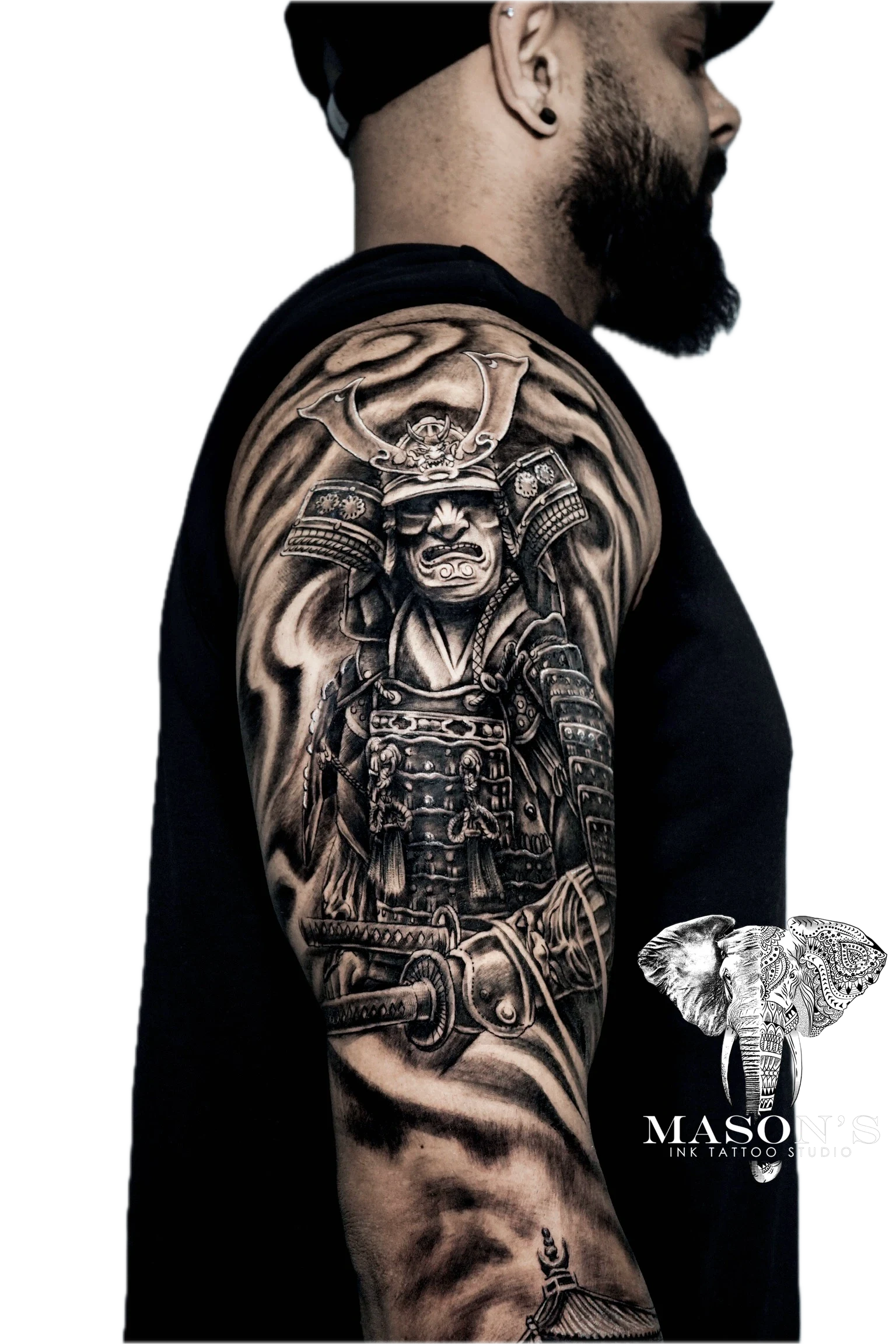 Japanese Tattoo Style Samurai Design: a detailed samurai portrait in traditional armor on an upper arm