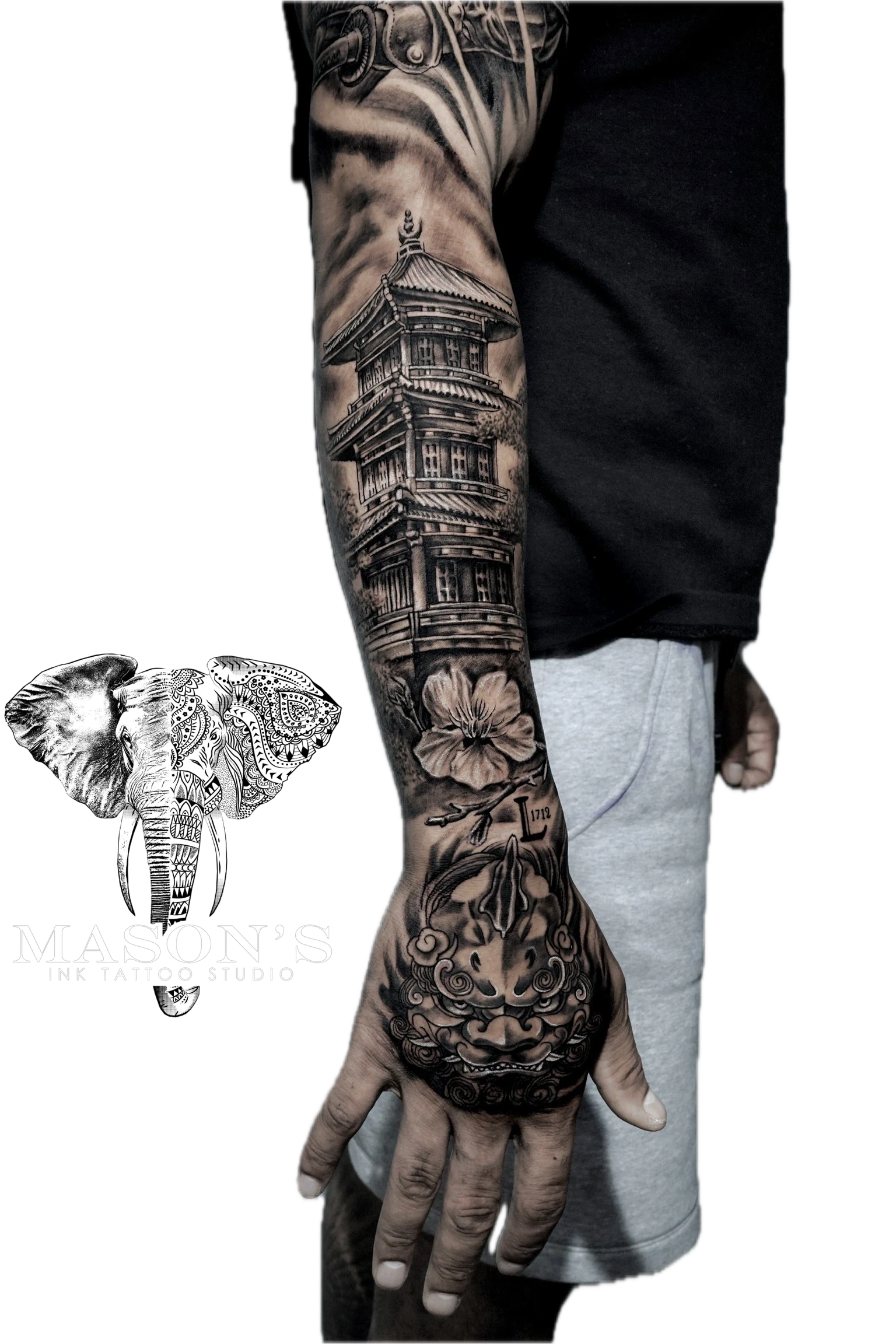 Japanese Tattoo Style Temple Design: a full sleeve tattoo featuring a tower, flowers, and intricate patterns