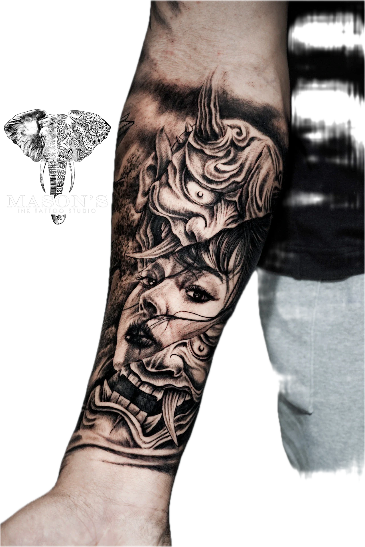 Japanese Tattoo Style Woman and Devil Design: a dark, intricate portrait of a wolf on a forearm