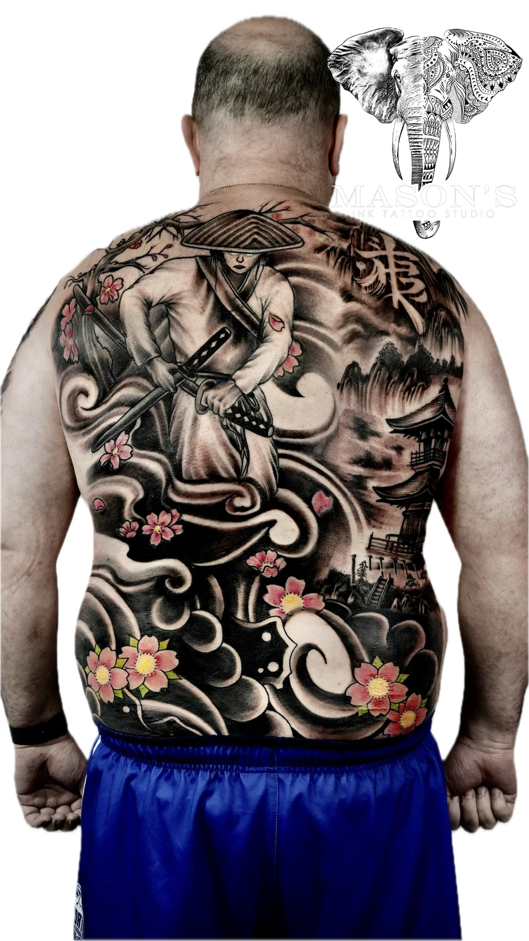 Japanese Tattoo Style Design: a detailed back tattoo of a warrior with swords and nature elements