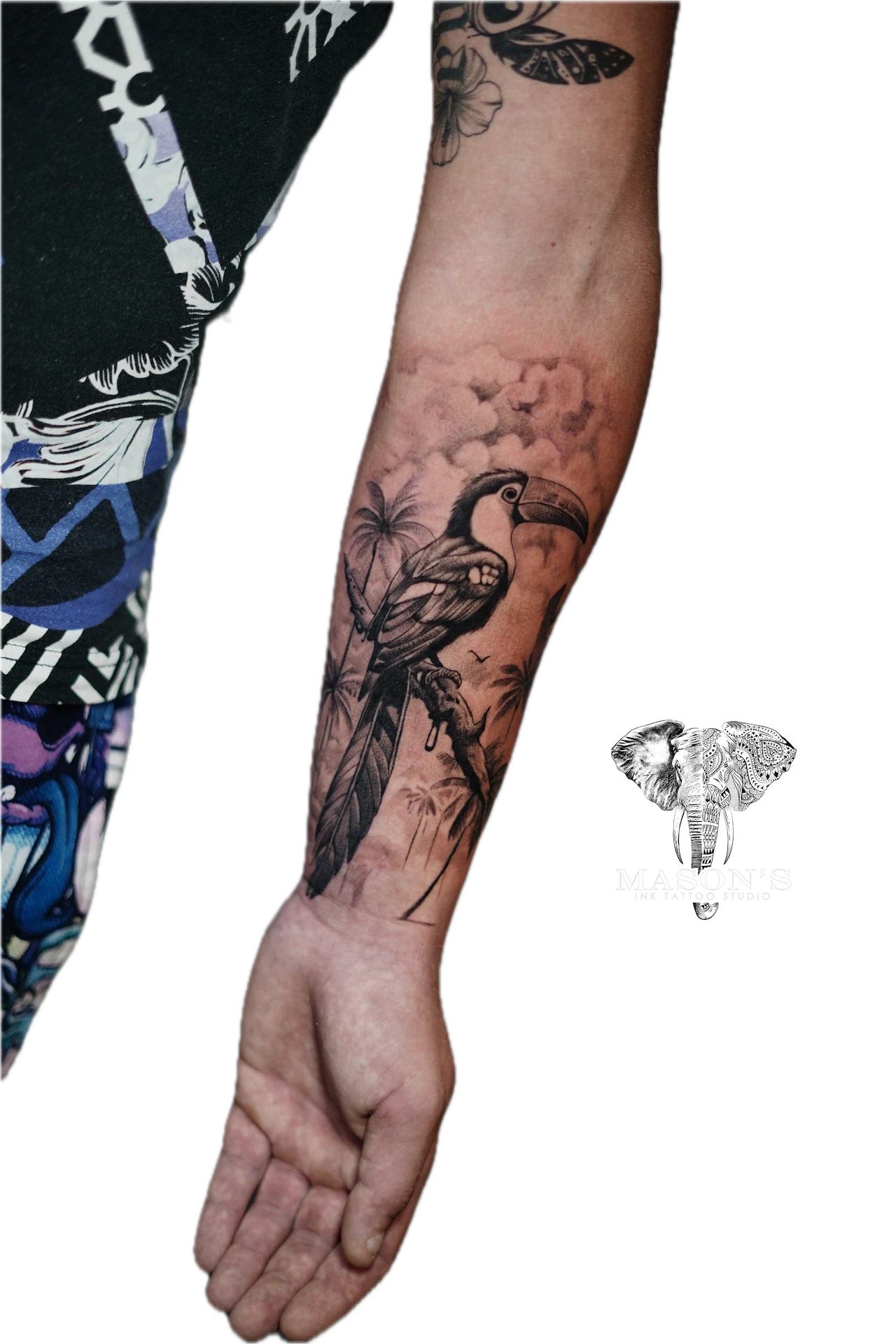 Japanese Tattoo Design: a bird perched on a tree branch with flowers and leaves