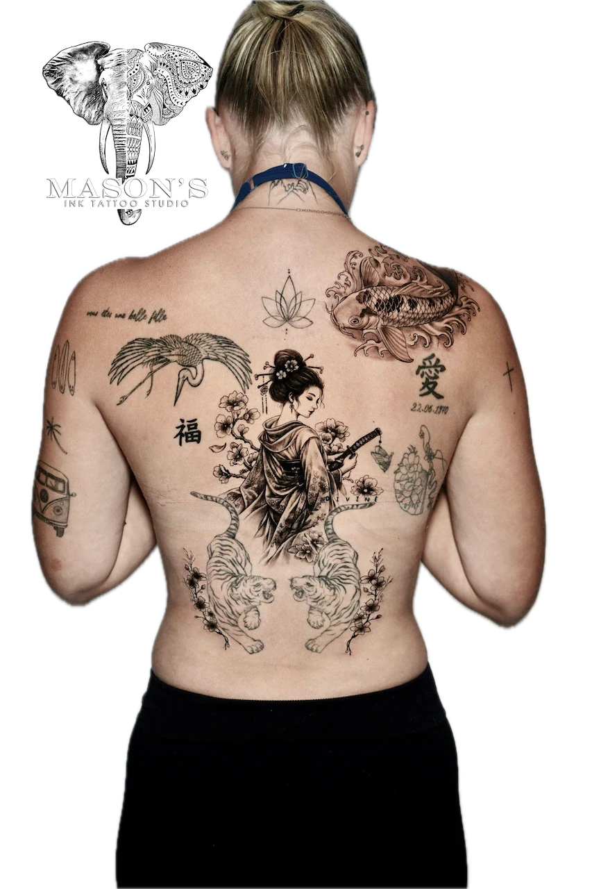 Japanese Geisha and Koi Tattoo Design - Japanese tattoo by Mason's Ink Tattoo Studio, Bali