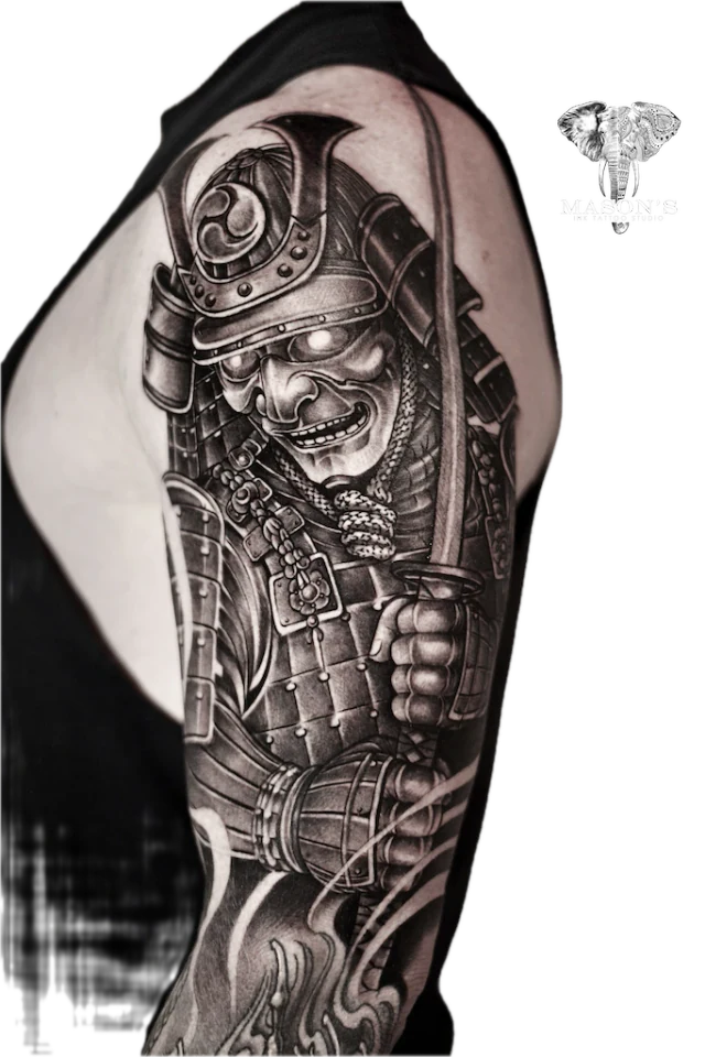 Japanese Hannya Mask Tattoo Design: Detailed samurai portrait with intricate armor and sword