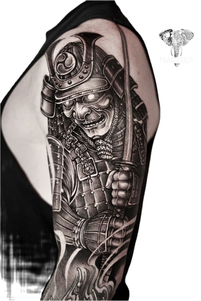 Japanese Hannya Mask Tattoo Design: Detailed samurai portrait with intricate armor and sword