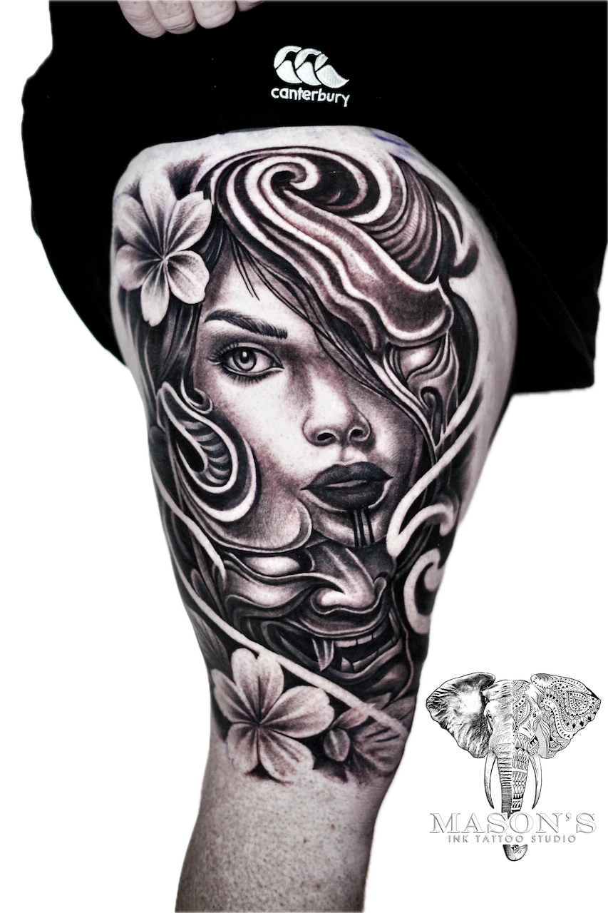 Japanese Mask and Woman Tattoo Design - Japanese tattoo by Mason's Ink Tattoo Studio, Bali