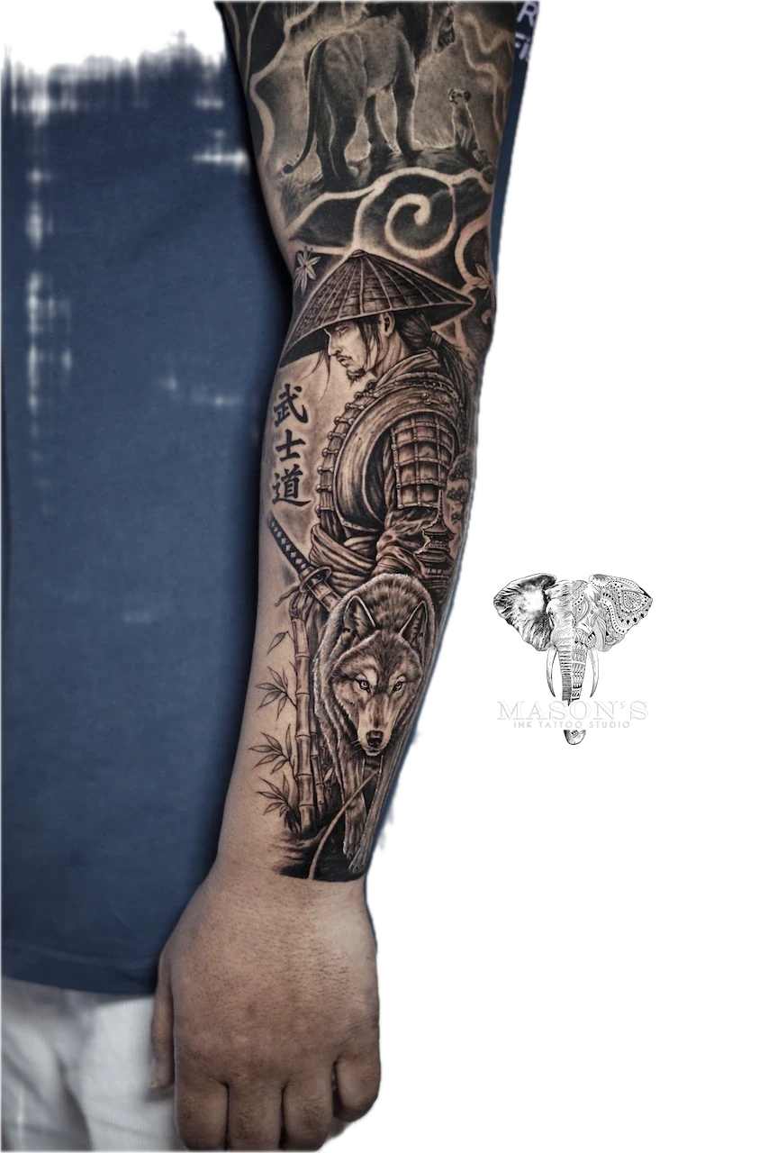 Japanese Realism Tattoo Design: a samurai with a wolf and bamboo in a Japanese style tattoo
