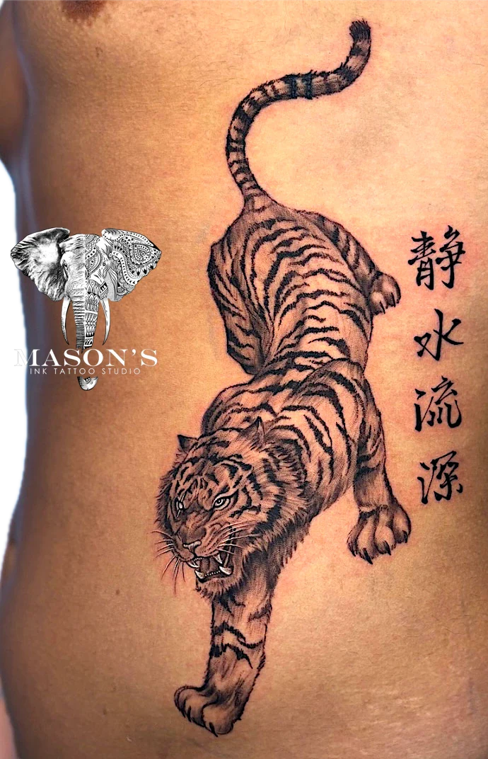 Chinese Tiger Realism tattoo by Mason's Ink Tattoo Studio, Bali