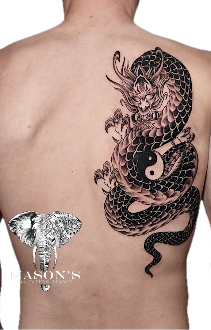 Japanese Dragon Yin and Yang tattoo by Mason's Ink Tattoo Studio, Bali