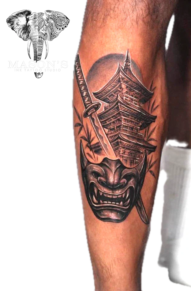 Japanese Sword Mask and Pagoda tattoo by Mason's Ink Tattoo Studio, Bali