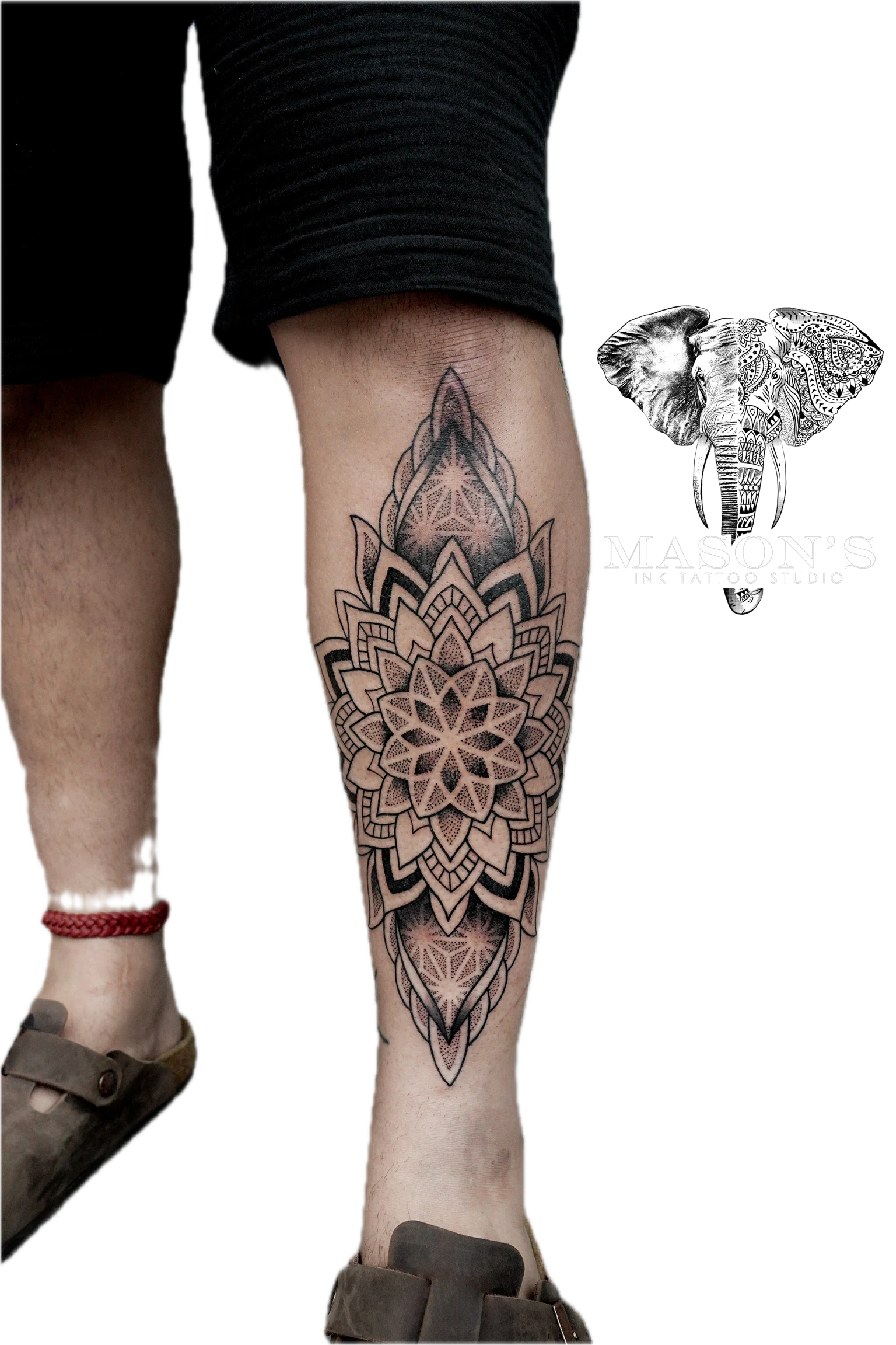 Mandala Tattoo Style Design: a large mandala geometric pattern on the calf