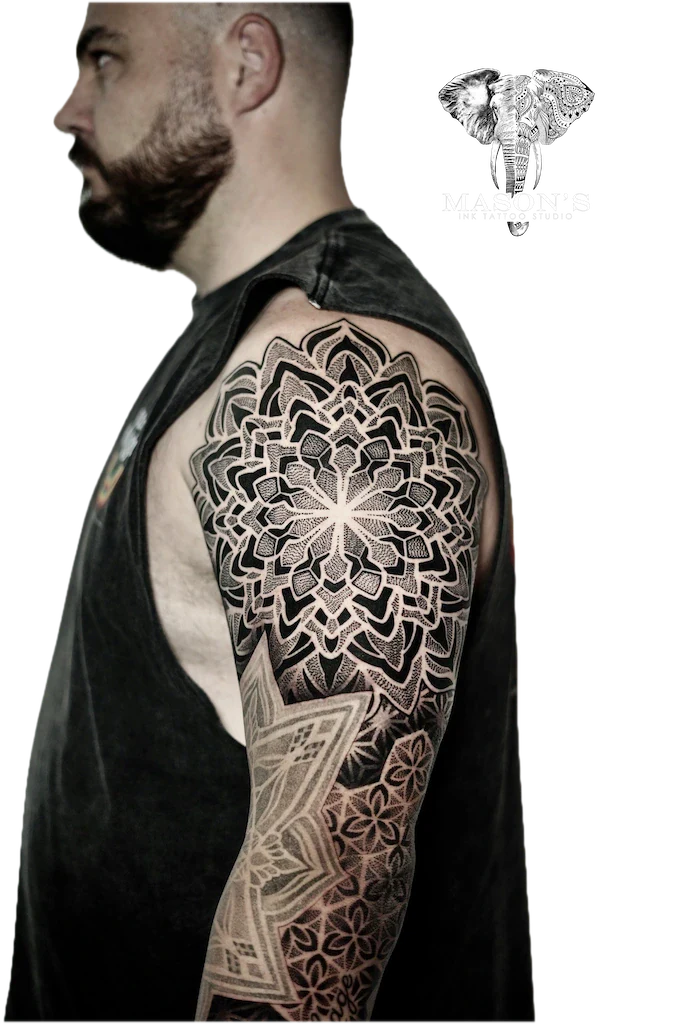 Mandala Arm Tattoo Design: Intricate mandala and geometric pattern full sleeve tattoo