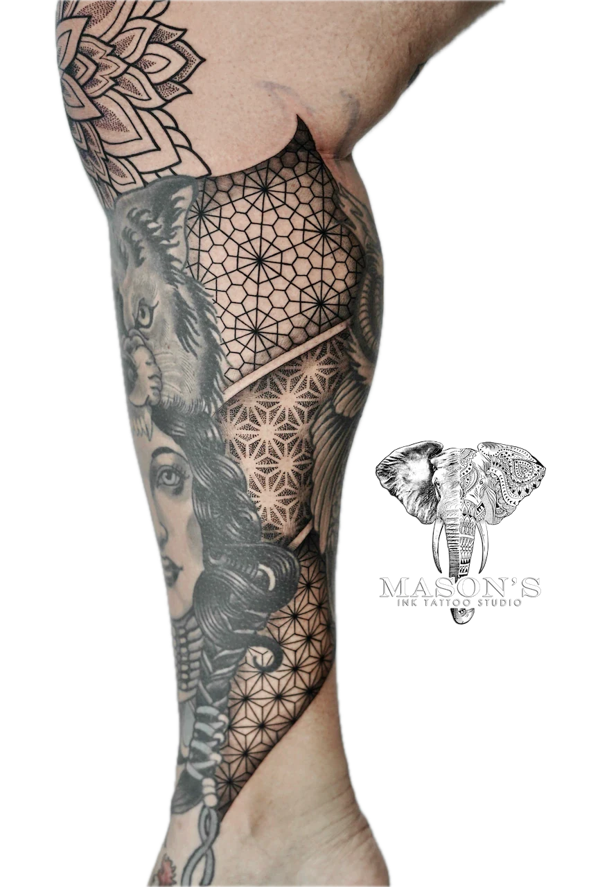 Mandala Tattoo Design: a detailed portrait and geometric pattern full sleeve tattoo