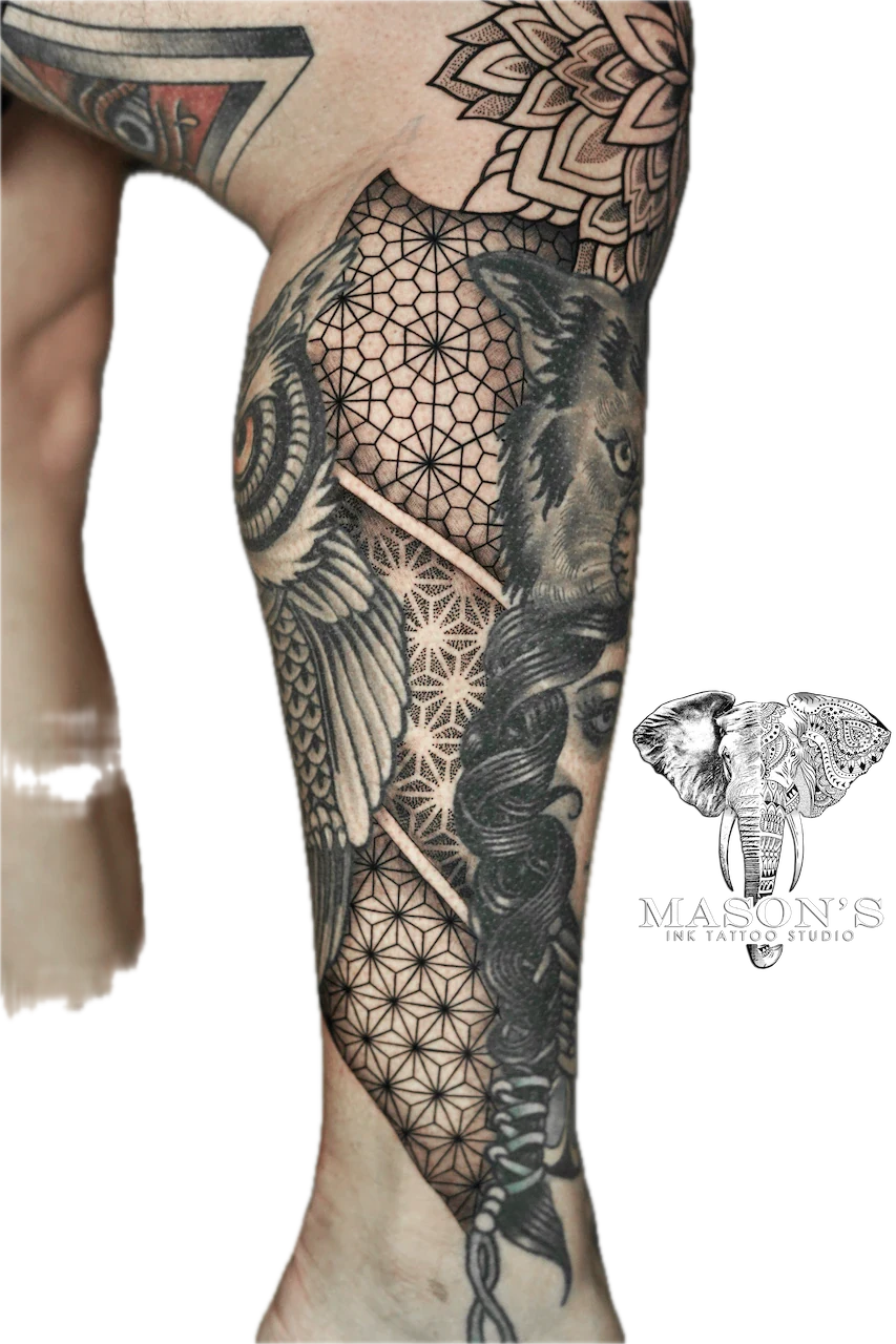 Ornamental Mandala Tattoo Design: a detailed elephant and geometric pattern full sleeve tattoo