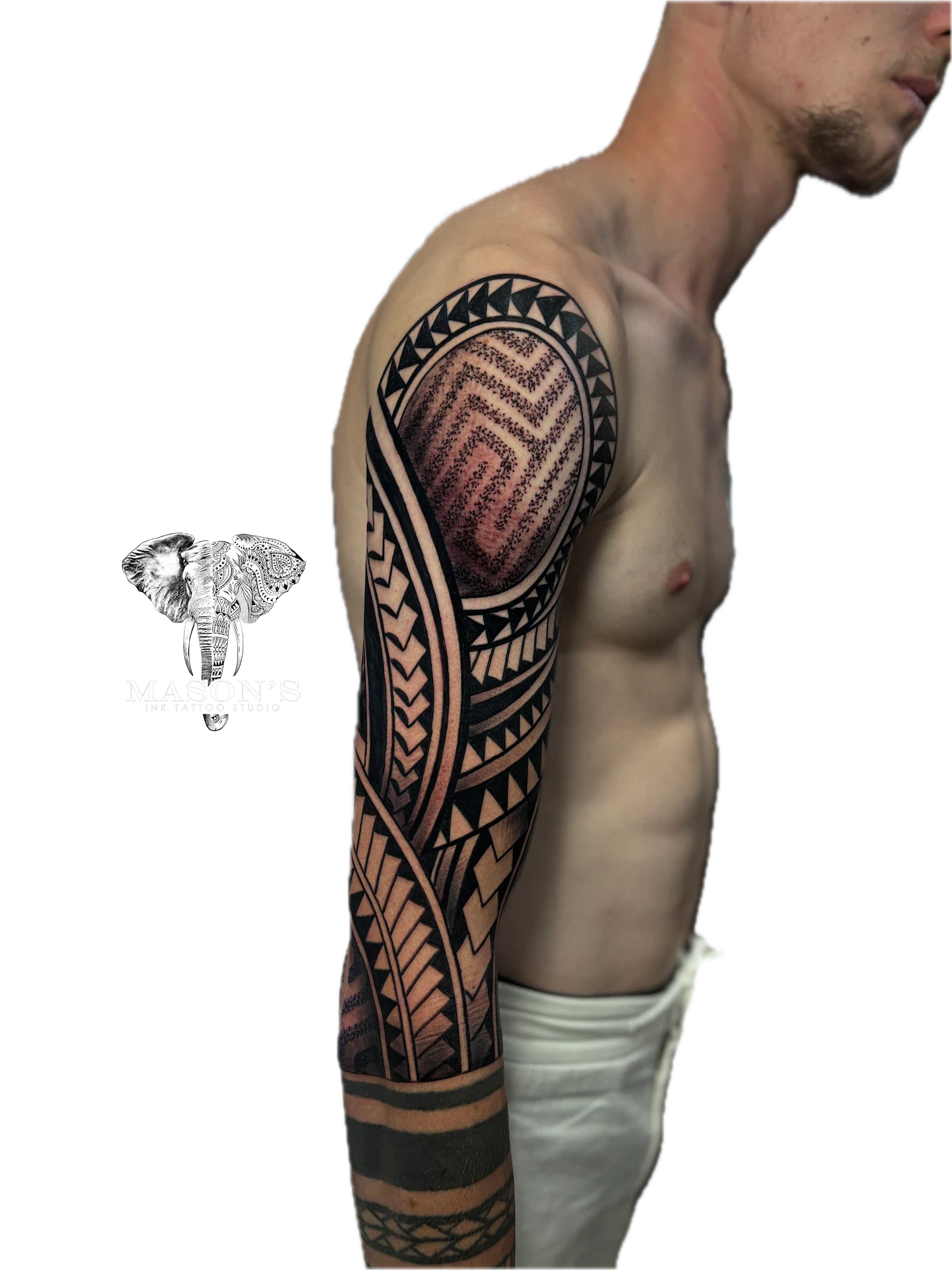 Ornamental Mandala Tattoo Design: a large black and grey geometric pattern sleeve tattoo
