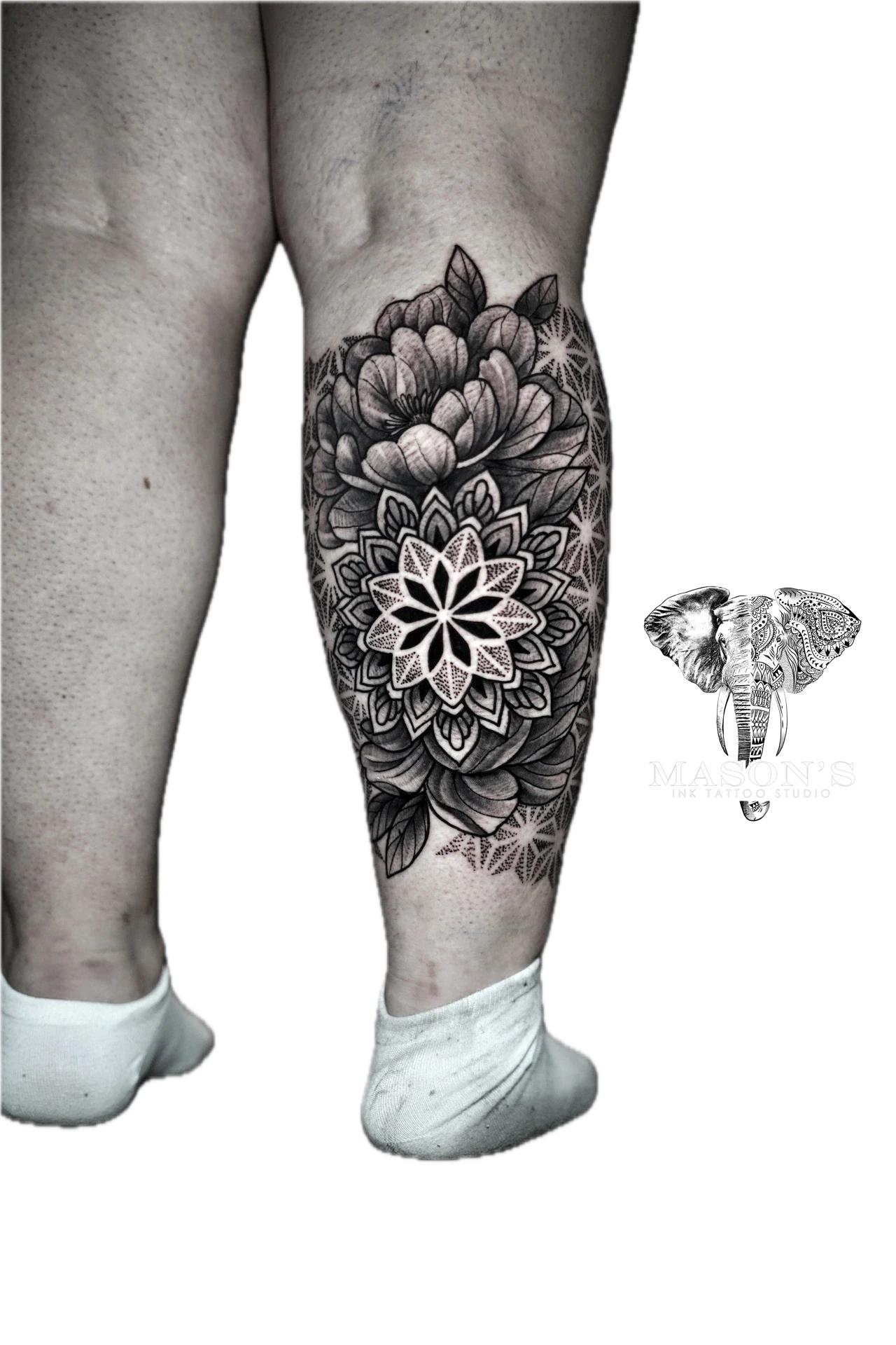 Mandala Calf Tattoo Design: a large mandala flower design on the calf