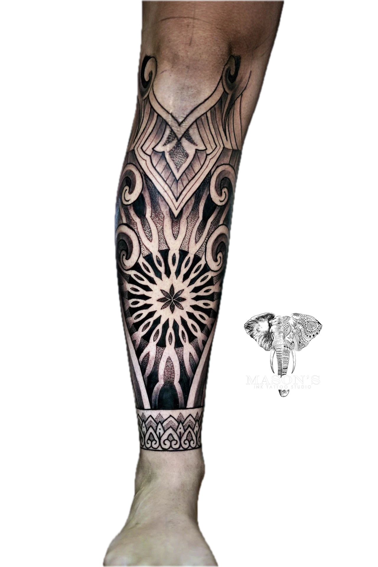 Mandala Leg tattoo by Mason's Ink Tattoo Studio, Bali