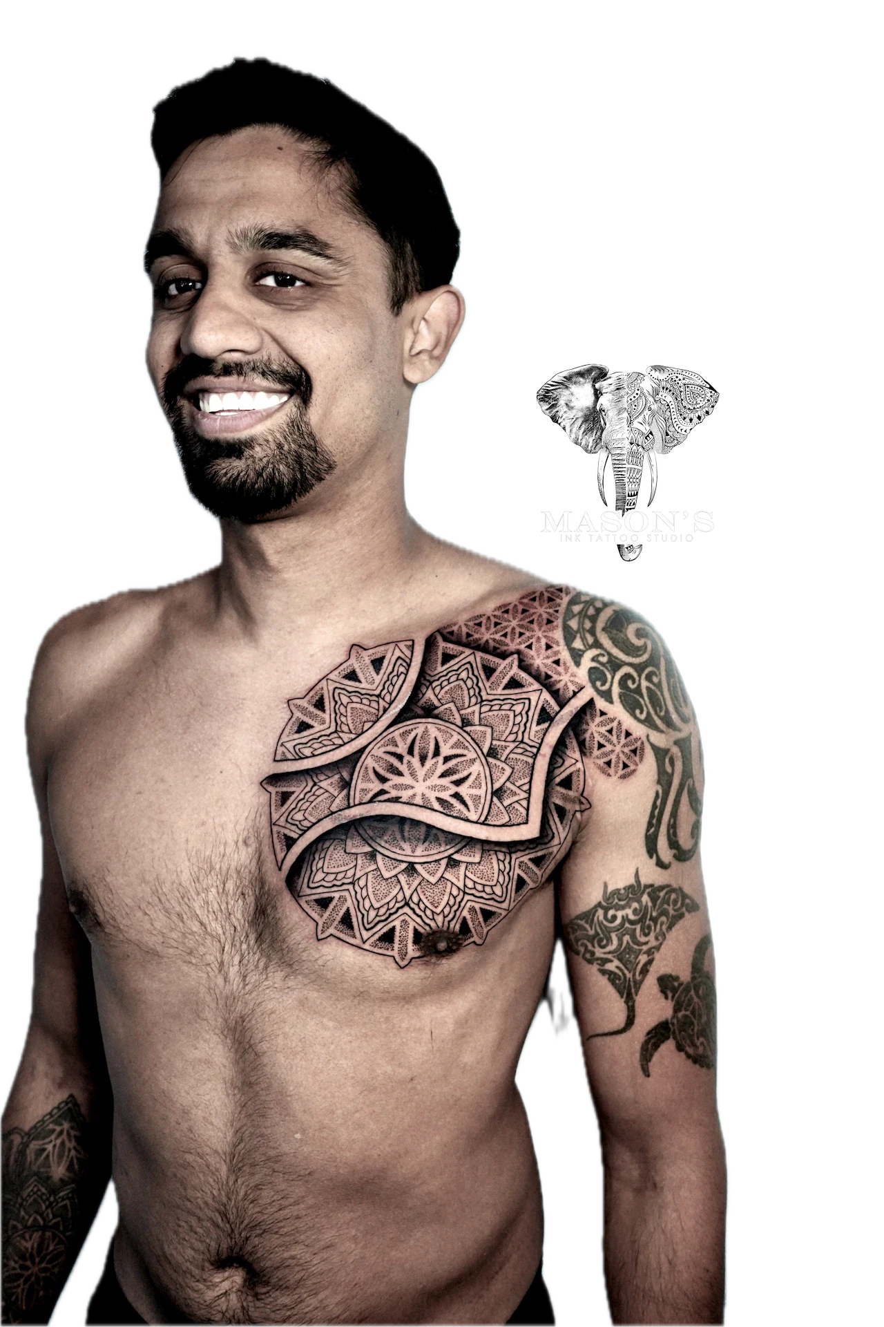 Mandala Tattoo Design: Intricate mandala and geometric pattern on the chest