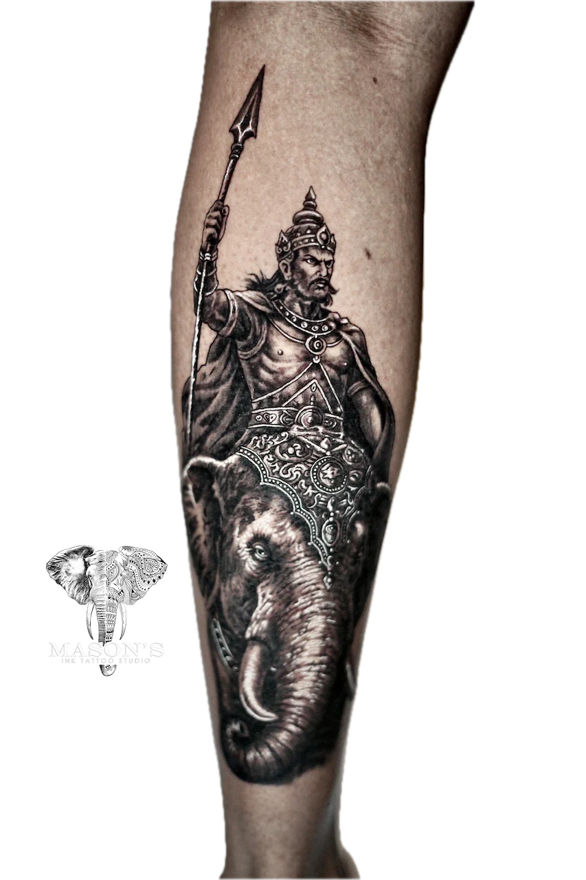 Mythology Realism Elephant and Warrior Tattoo - Mythology Realistic tattoo by Mason's Ink Tattoo Studio, Bali
