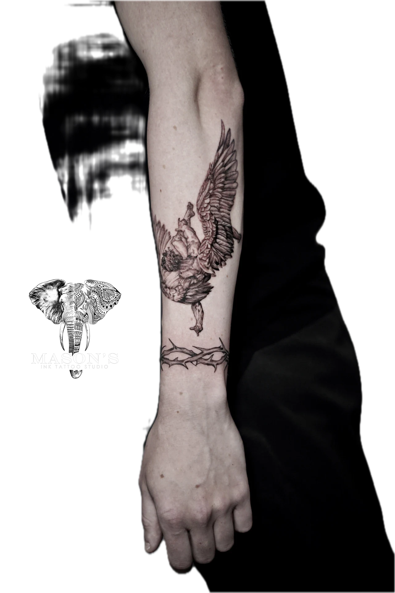 Mythology Realism Falling Angel tattoo by Mason's Ink Tattoo Studio, Bali