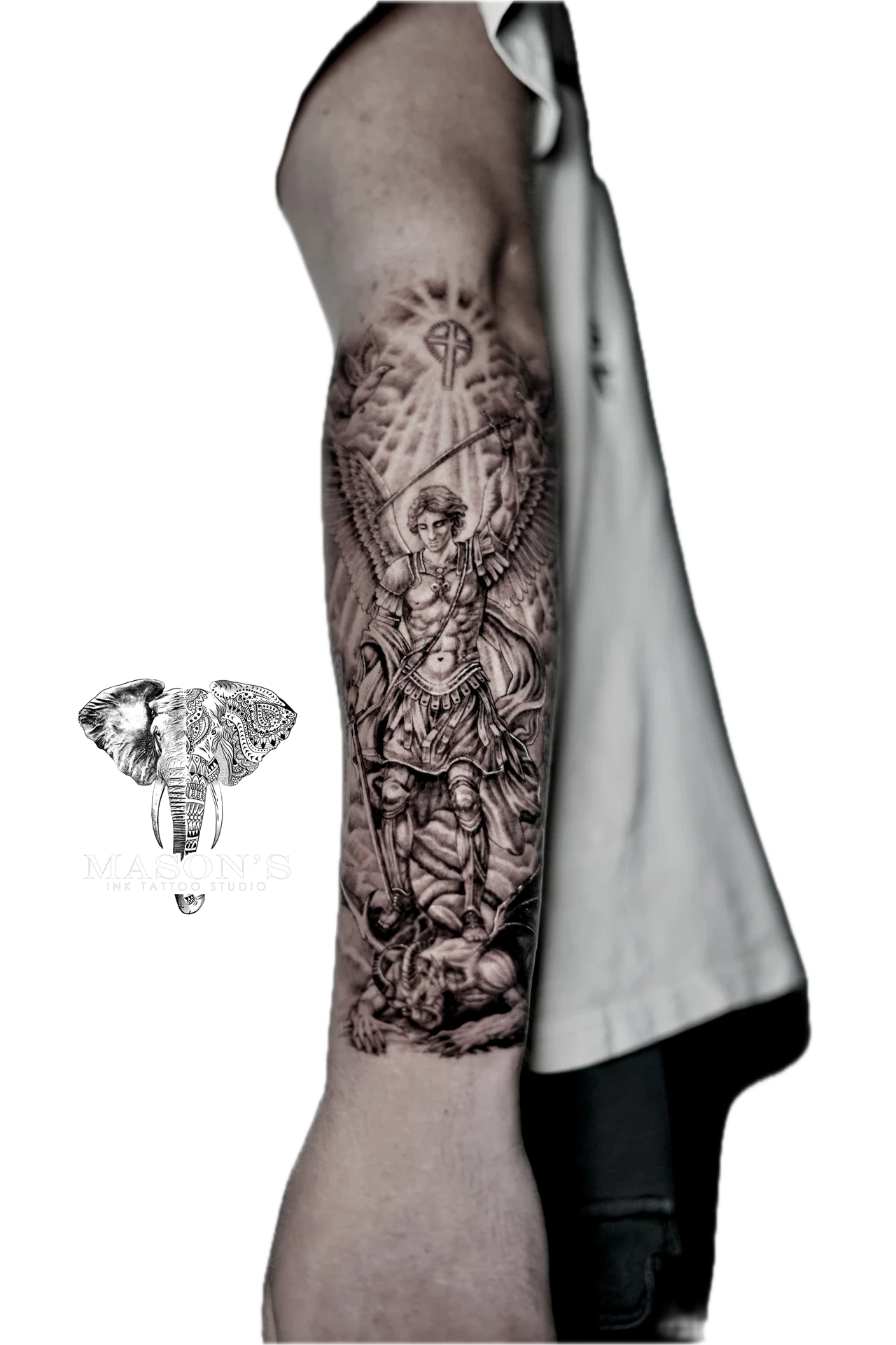 Mythology Realism Angel Cross tattoo by Mason's Ink Tattoo Studio, Bali