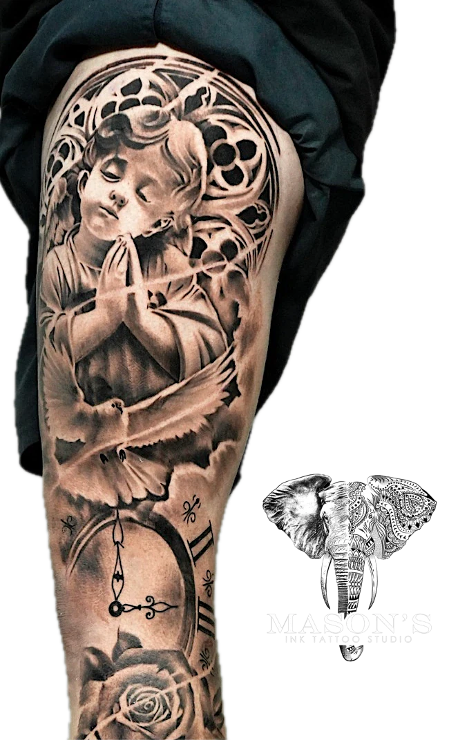 Mythology Realism Angel Cupid tattoo by Mason's Ink Tattoo Studio, Bali