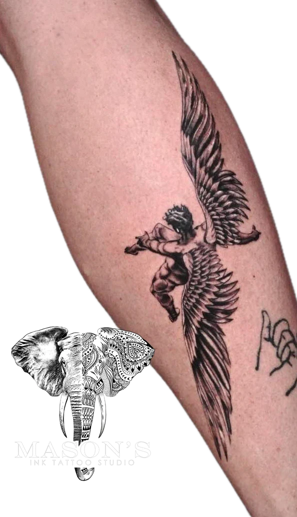 Mythology Realistic Falling Angel tattoo by Mason's Ink Tattoo Studio, Bali
